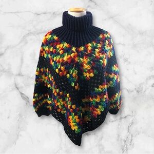Vintage 70s Handmade Crochet turtleneck sleeve poncho Chunky  One Size